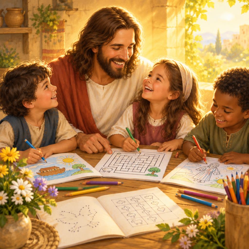 Jesus sorrindo ao lado de crianças resolvendo atividades bíblicas